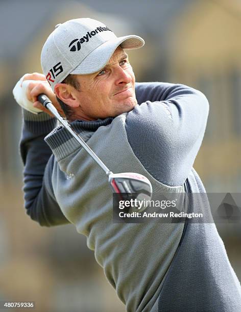Justin Rose of England tees off on the 3rd during a practice round ahead of the 144th Open Championship at The Old Course on July 15, 2015 in St...