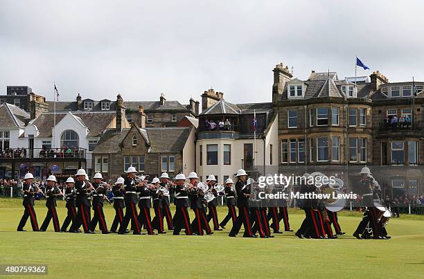Marching band moves across the fairway ahead of the 144th Open Championship at The Old Course on July 15, 2015 in St Andrews, Scotland.