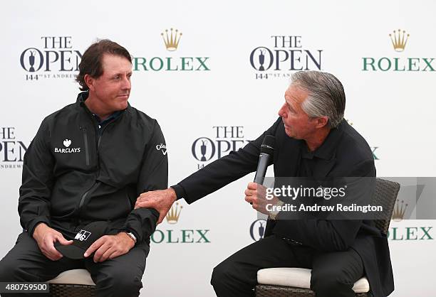 Rolex ambassadors Gary Player and Phil Mickelson attend a presentation ahead of the 144th Open Championship at The Old Course on July 15, 2015 in St...