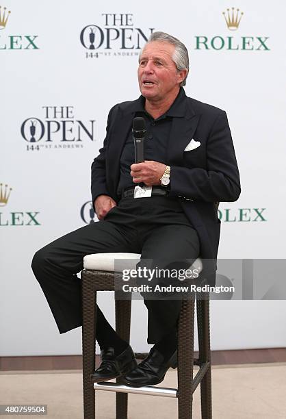 Rolex ambassador Gary Player speaks as he attends a presentation ahead of the 144th Open Championship at The Old Course on July 15, 2015 in St...