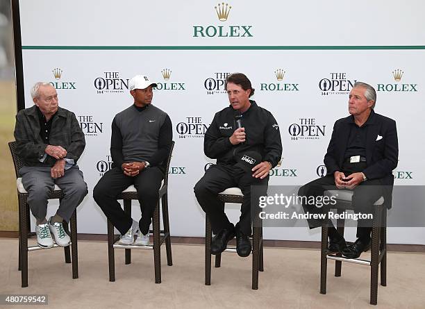 Rolex ambassadors Arnold Palmer, Tiger Woods, Phil Mickleson and Gary Player attend a presentation ahead of the 144th Open Championship at The Old...