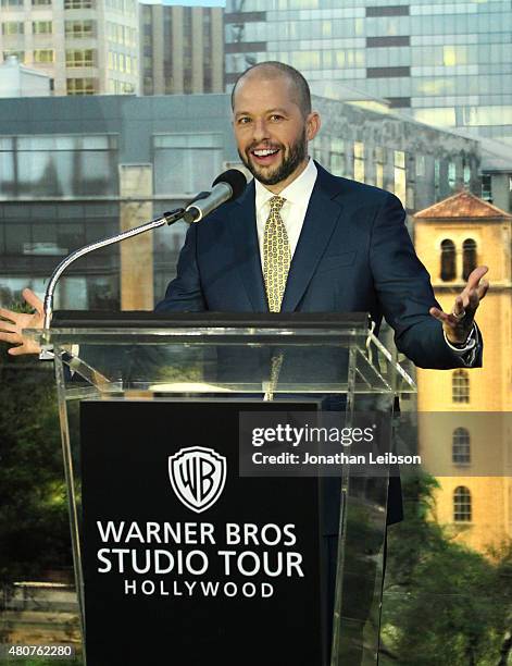 Actor Jon Cryer speaks at the Warner Bros. Studio Tour Hollywood Expansion Official Unveiling, Stage 48: Script To Screen at Warner Bros. Studios on...