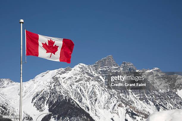 canada flag in mountains - bandiera del canada foto e immagini stock