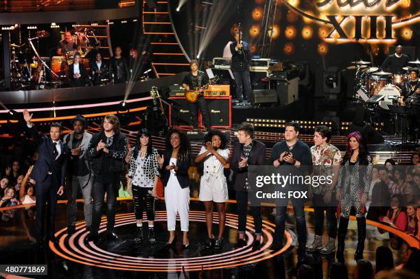 Host Ryan Seacrest and contestants C.J. Harris, Caleb Johnson, Jena Irene, Malaya Watson, Majesty Rose, Alex Preston, Dexter Roberts, Sam Woolf and...