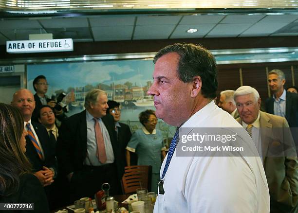 Republican presidentail candidate, New Jersey Gov. Chris Christie attends a campaign event with Maryland Gov. Larry Hogan at the Double T Diner July...