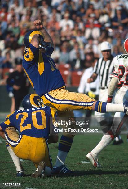 Kicker Tom Dempsey of the Los Angeles Rams kicks a field goal against the Atlanta Falcons during an NFL football game at Los Angeles Memorial...