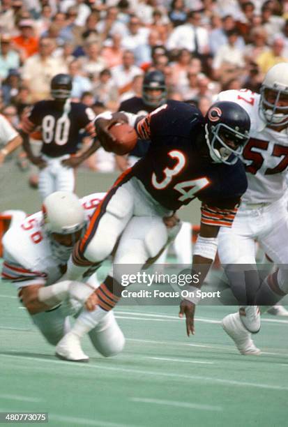 Walter Payton of the Chicago Bears gets tripped up by Tim Kearney of the St. Louis Cardinals during an NFL football game September 3, 1978 at Soldier...