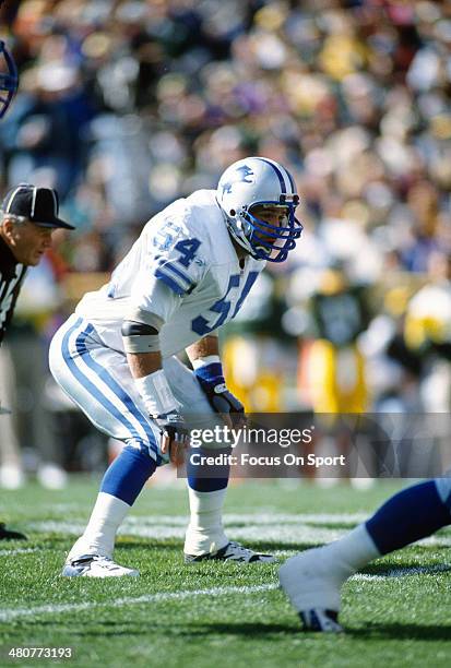 Chris Spielman of the Detroit Lions in action against the Green Bay Packers during an NFL football game October 29, 1989 at Lambeau Field in Green...