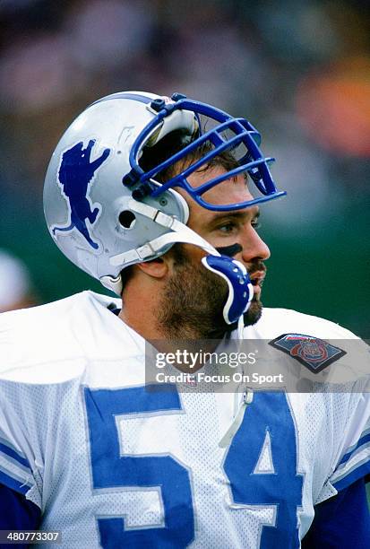 Chris Spielman of the Detroit Lions looks on against the New York Jets during an NFL football game December 10, 1994 at The Meadowlands in East...