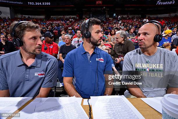 Brent Barry and Spero Dedes talk with Milwaukee Bucks head coach Jason Kidd during a game against the San Antonio Spurs on July 12, 2015 at the...