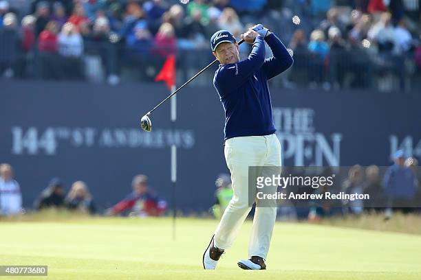 Tom Watson of the United States tees off on the 18th during the Champion Golfers' Challenge ahead of the 144th Open Championship at The Old Course on...
