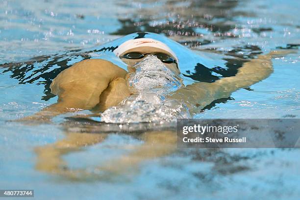 Russell Wood comes out of a turn his 200 metre backstroke in the preliminaries of the the second day of the swimming competition at the Toronto 2015...