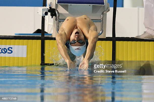 Russell Wood starts his 200 metre backstroke in the preliminaries of the the second day of the swimming competition at the Toronto 2015 Pan Am Games...