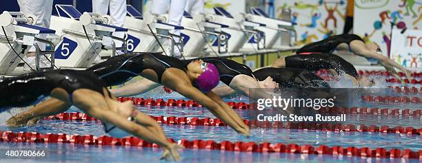 The second heat of the women's 200 metres backstroke starts, including Dominique Bouchard of Canada in lane 4, in the preliminaries of the the second...