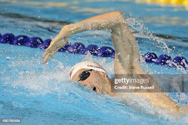 Olympic medalist Ryan Cochrane of Canada swims the third leg of the men's 4 x 200 metre freestyle relay in the preliminaries of the the second day of...
