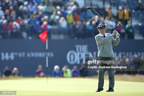 Peter Thomson of Australia tees off on the 18th during the Champion Golfers' Challenge ahead of the 144th Open Championship at The Old Course on July...