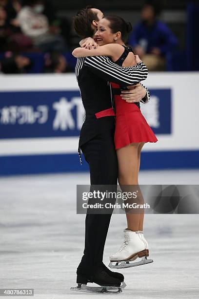 Ksenia Stolbova and Fredor Klimov of Russia celebrate after their routine in the Pairs Free Program during ISU World Figure Skating Championships at...