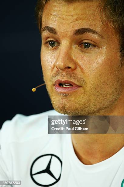 Nico Rosberg of Germany and Mercedes GP looks on at a press conference during previews to the Malaysia Formula One Grand Prix at the Sepang Circuit...