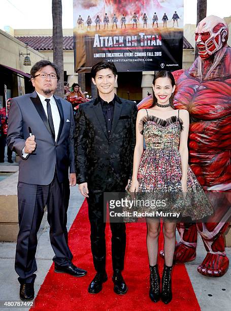 Director Shinji Higuchi, actors Haruma Miura , and Kiko Mizuhara attend the "ATTACK ON TITAN" World Premiere on July 14, 2015 in Hollywood,...