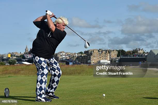 John Daly of the United States drives during the Champion Golfers' Challenge ahead of the 144th Open Championship at The Old Course on July 15, 2015...