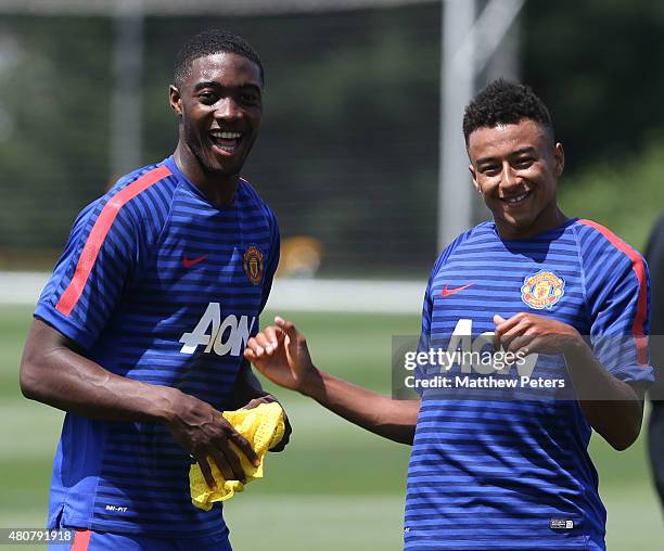 Tyler Blackett and Jesse Lingard of Manchester United in action during a first team training session as part of their pre-season tour of the USA at...