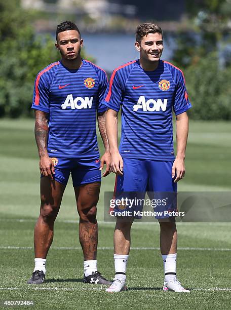 Memphis Depay and Andreas Pereira of Manchester United in action during a first team training session as part of their pre-season tour of the USA at...