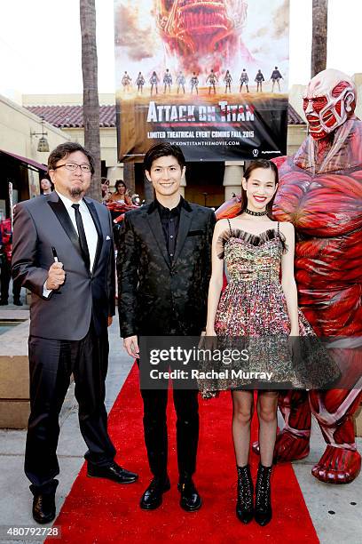 Director Shinji Higuchi, actors Haruma Miura , and Kiko Mizuhara attend the "ATTACK ON TITAN" World Premiere on July 14, 2015 in Hollywood,...