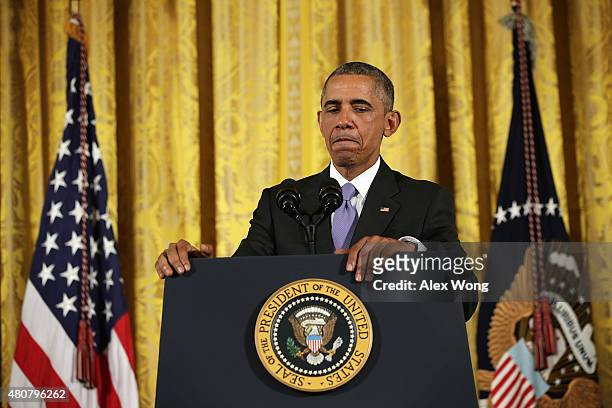 President Barack Obama pauses during a news conference in the East Room of the White House in response to the Iran nuclear deal on July 15, 2015 in...