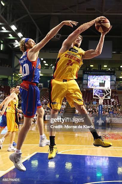 Lucas Walker of the Tigers wins the ball infront of Luke Schenscher of the 36ers during game one of the NBL Semi Final series between the Adelaide...