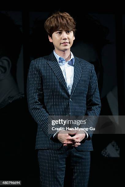 Kyuhyun of South Korean boy band Super Junior attends the press conference for SM Entertainment's Super Junior 10th Anniversary Special Album 'Devil'...