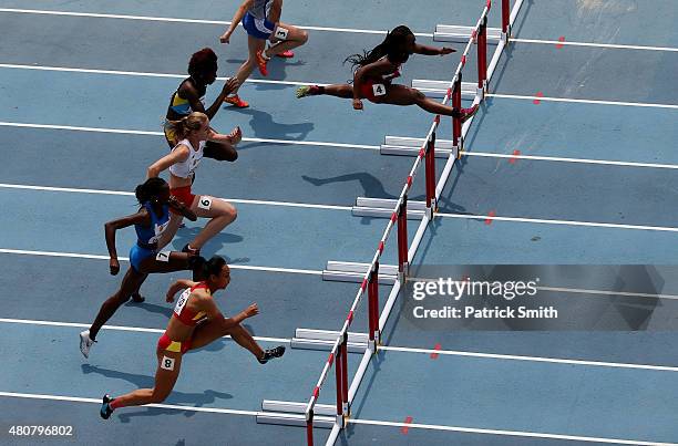 Alexis Duncan of the USA leads during round one of the girls 100m Hurdles on day one of the IAAF World Youth Championships Cali 2015 on July 15, 2015...