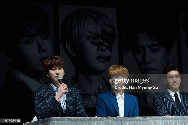 Kyuhyun and Ryeowook of South Korean boy band Super Junior attend the press conference for SM Entertainment's Super Junior 10th Anniversary Special...