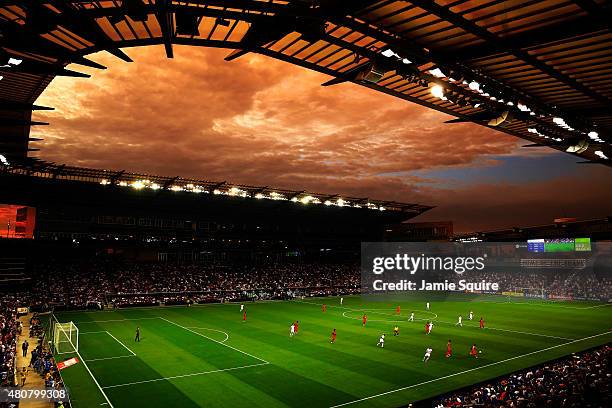 General view as the sun sets over Sporting Park during the CONCACAF Gold Cup match between Panama and the United States at Sporting Park on July 13,...