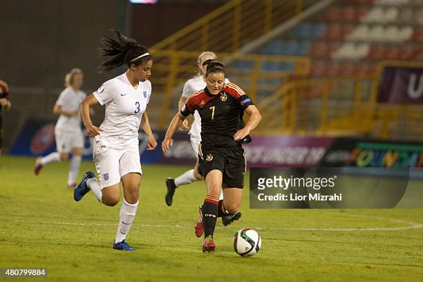 Jasmin Sehan of Germany challenges Gabrielle George of England during the UEFA Women's Under-19 European Championship group stage match between U19...