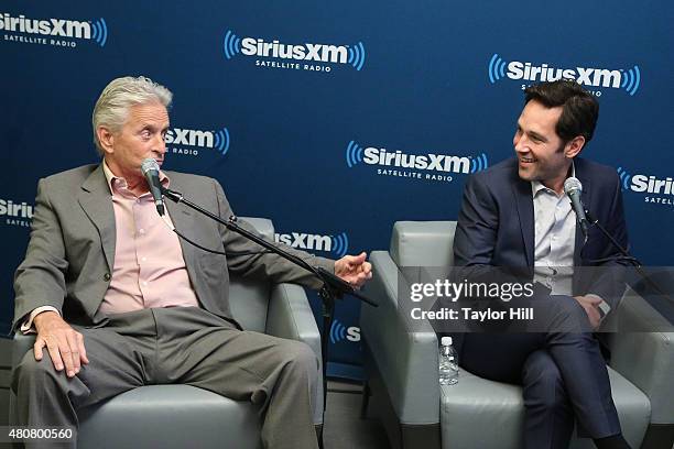Actors Michael Douglas and Paul Rudd participate in a Town Hall to promote "Ant-Man" on EW Radio at SiriusXM Studios on July 14, 2015 in New York...