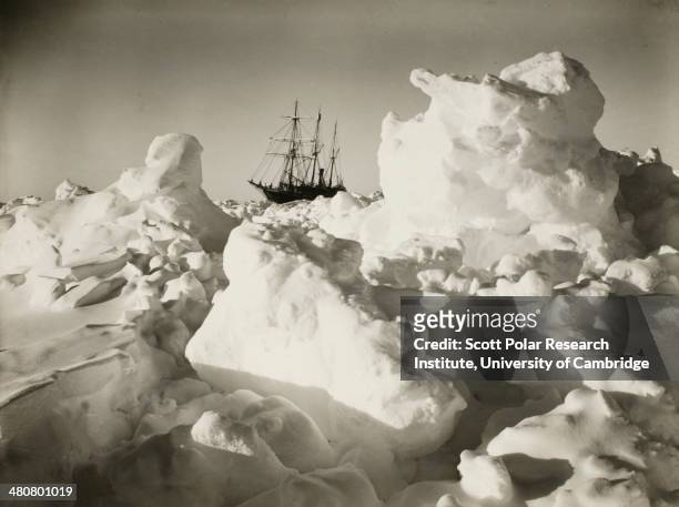 The 'Endurance' among great blocks of pressure ice during the Imperial Trans-Antarctic Expedition, 1914-17, led by Ernest Shackleton.