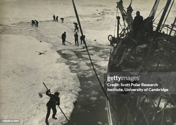 Strenuous endeavours are made to free the 'Endurance' from the ice, 14th & 15th February 1915, but are ultimately unsuccessful; taken during the...