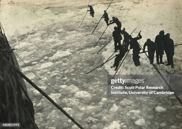 Rafting astern brash ice made by the 'Endurance' in efforts to break free, during the Imperial Trans-Antarctic Expedition, 1914-17, led by Ernest...