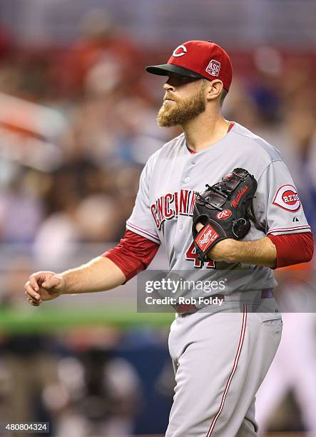 Ryan Mattheus of the Cincinnati Reds walks off the field during the game against the Miami Marlins at Marlins Park on July 12, 2015 in Miami, Florida.