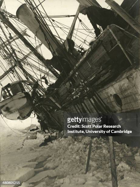 The port side of the ship 'Endurance', 19th October 1915, shortly before she was crushed and sank during the Imperial Trans-Antarctic Expedition,...