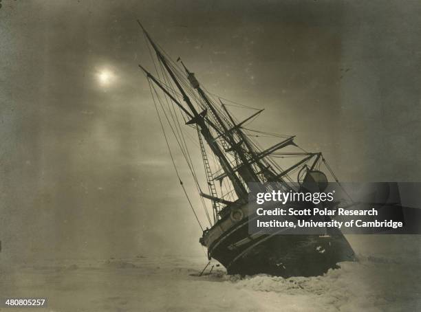 The 'Endurance' leaning to one side during the Imperial Trans-Antarctic Expedition, 1914-17, led by Ernest Shackleton.