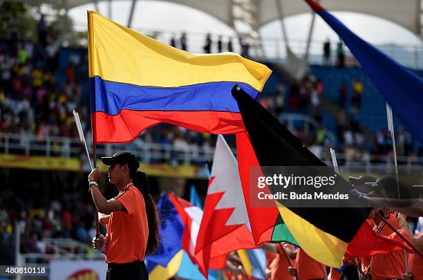 The Colombian flag is displayed the Opening Ceremony on day one of the IAAF World Youth Championships Cali 2015 on July 15, 2015 at the Pascual...
