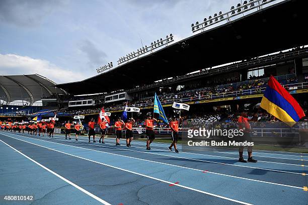 Flags are displayed the Opening Ceremony on day one of the IAAF World Youth Championships Cali 2015 on July 15, 2015 at the Pascual Guerrero Olympic...