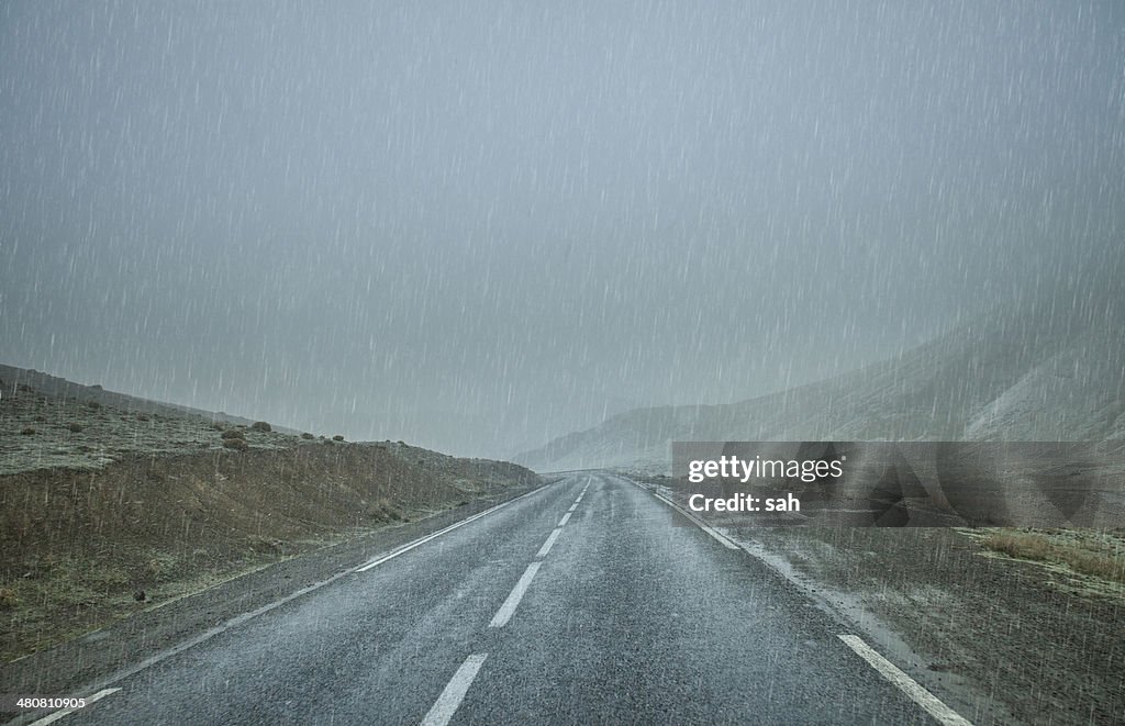 Road in rain, Atlas Mountains, Morocco