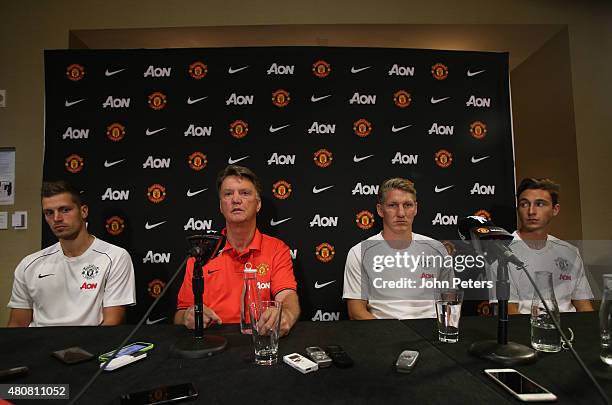 Manager Louis van Gaal of Manchester United speaks during a press conference to unveil Bastian Schweinsteiger, Morgan Schneiderlin and Matteo Darmian...