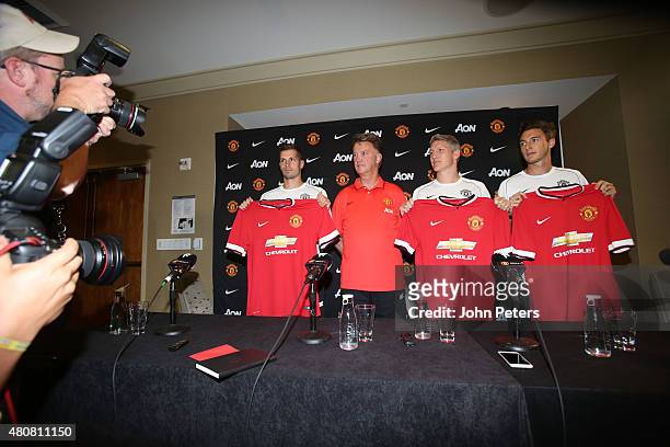 Manager Louis van Gaal of Manchester United speaks during a press conference to unveil Bastian Schweinsteiger, Morgan Schneiderlin and Matteo Darmian...