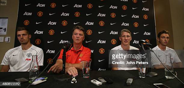 Manager Louis van Gaal of Manchester United speaks during a press conference to unveil Bastian Schweinsteiger, Morgan Schneiderlin and Matteo Darmian...