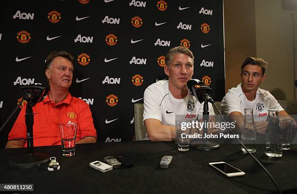 Bastian Schweinsteiger of Manchester United speaks during a press conference to unveil Bastian Schweinsteiger, Morgan Schneiderlin and Matteo Darmian...