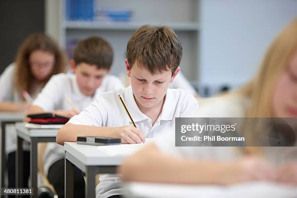 class of schoolchildren doing educational exam - school exam stockfoto's en -beelden