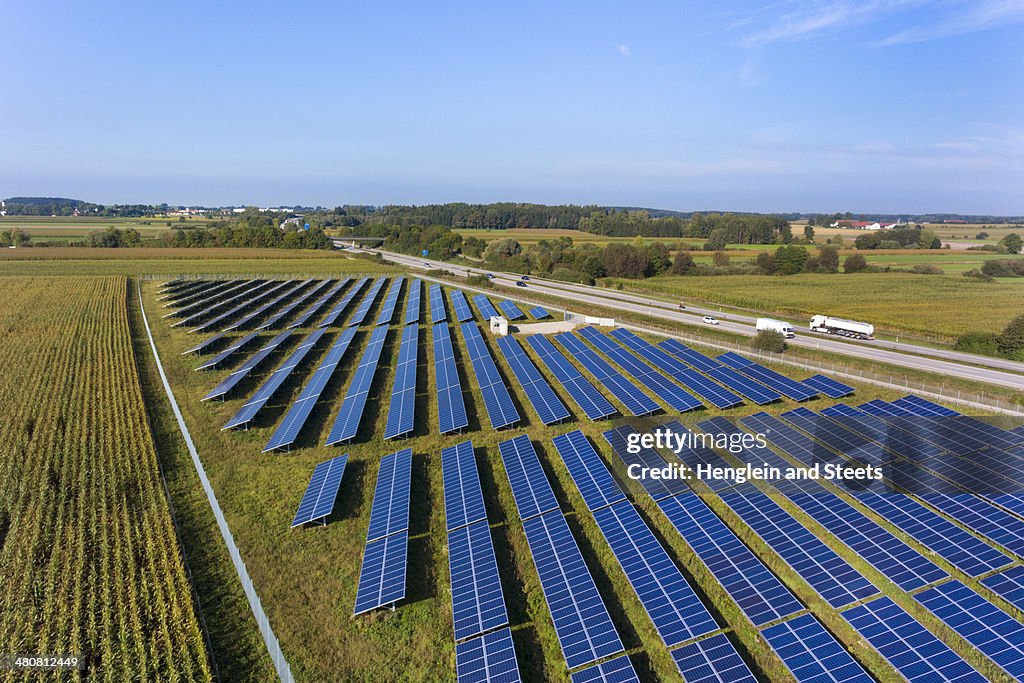 View of solar power panels, Munich, Bavaria, Germany